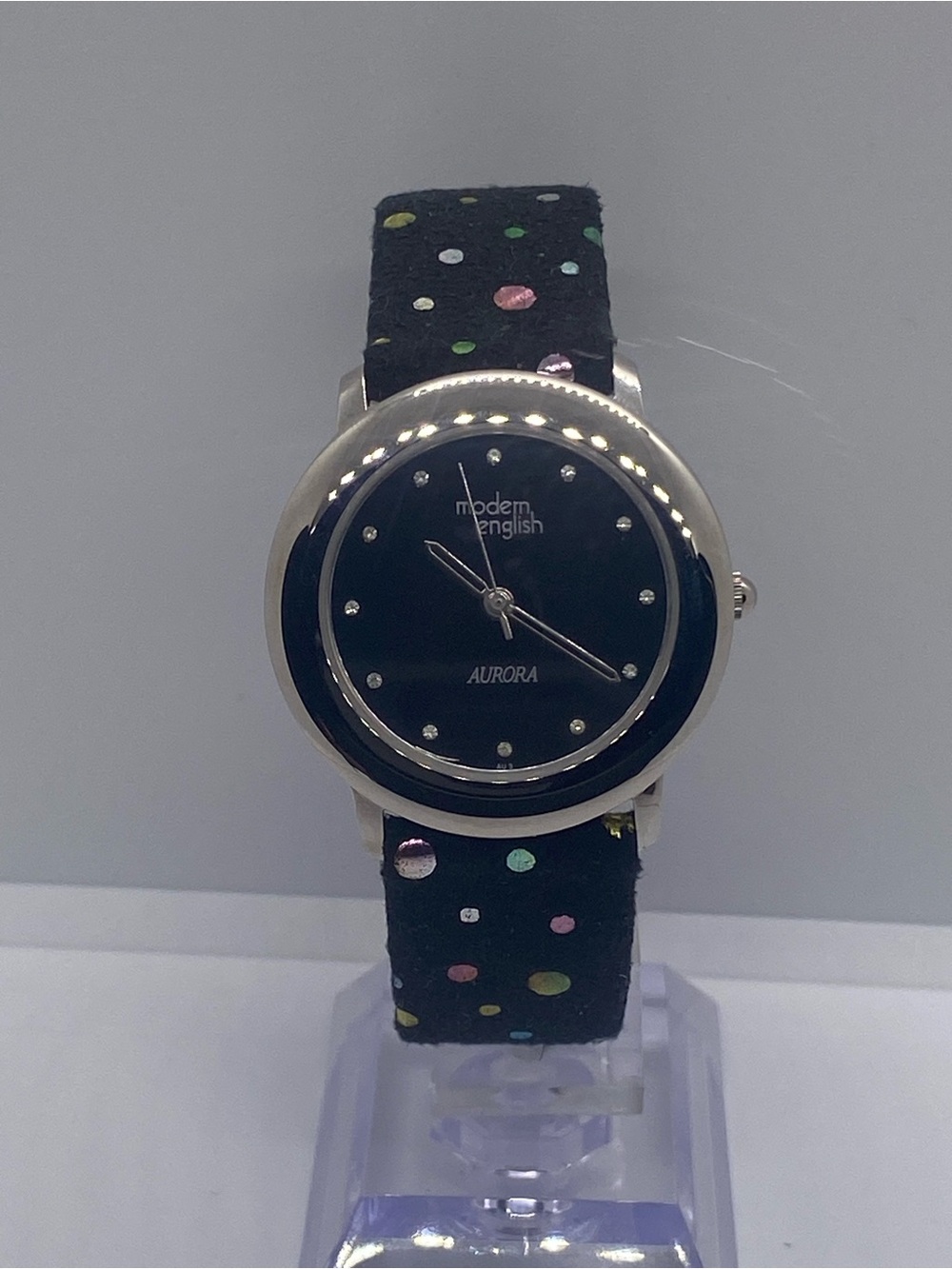 Modern English Aurora Black Dial Women's Watch with Polka Dot Strap